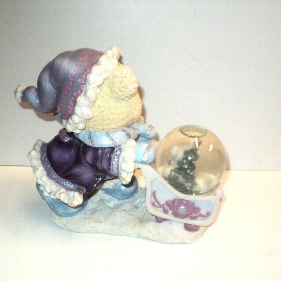 Christmas Bear Statue Pushing Sled with Snow Globe Winter Holiday Purple & Blue - Picture 3 of 6